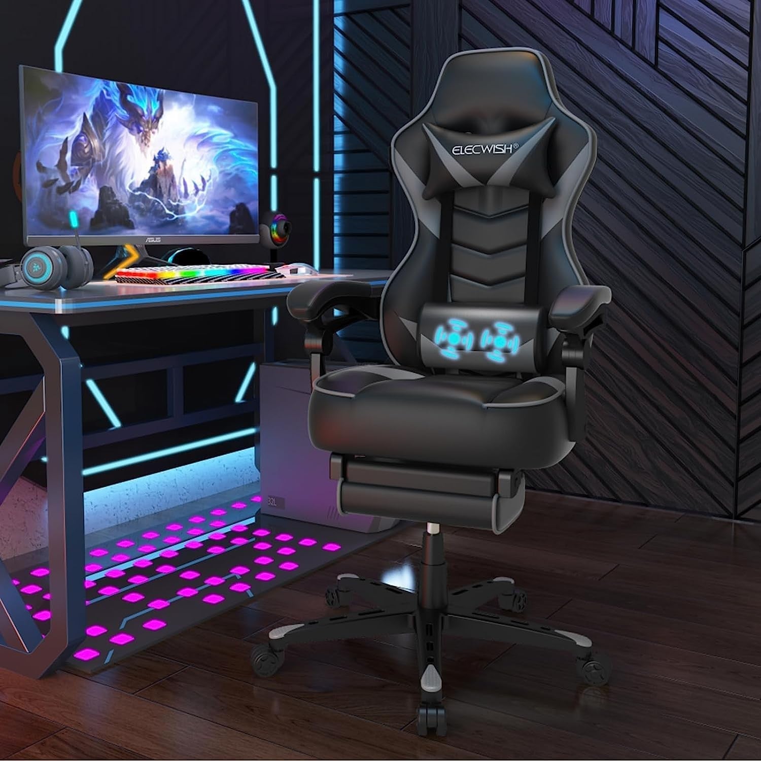 Reclining Gaming Chair Grey w/ Footrest & Massage Lumbar