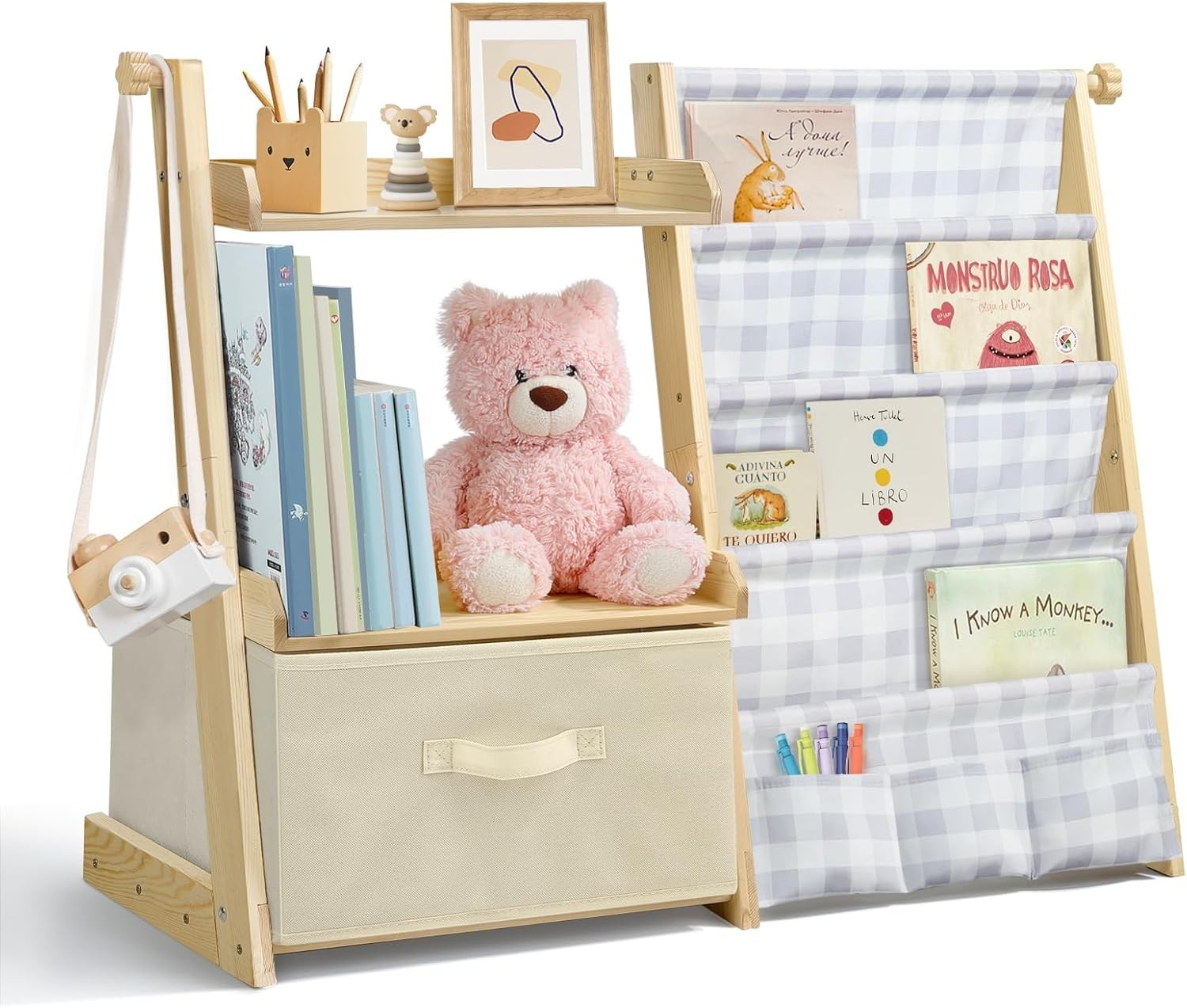 Kids Grey Plaid Bookcase & Toy Storage – 4-Tier Wooden Sling Shelf with Toy Box