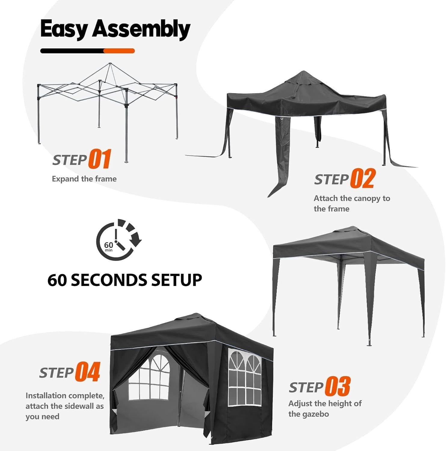 3x3M Grey Pop Up Gazebo With Removable Sides Fully Waterproof Outdoor Tent