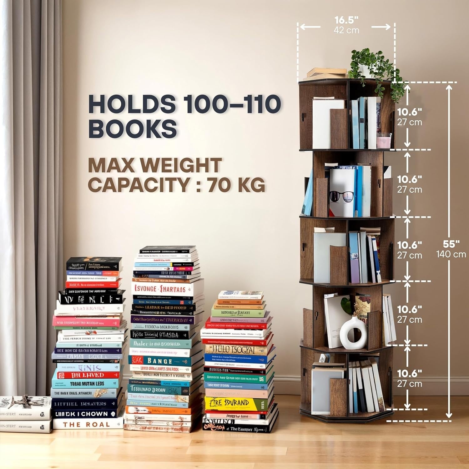 5 Tier Rotating Kids Bookshelf Corner Shelf Walnut Wooden Storage Organizer