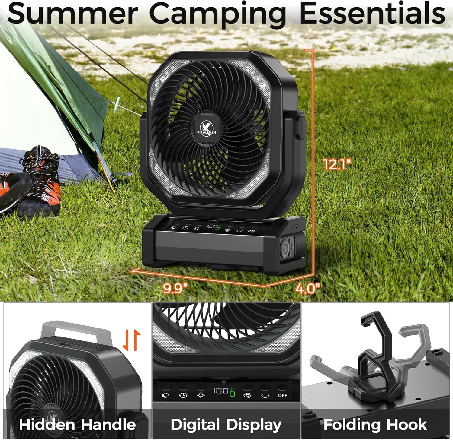 Black Camping Fan – Quiet 20000mAh Rechargeable LED Light w/ Remote & 9 Speeds