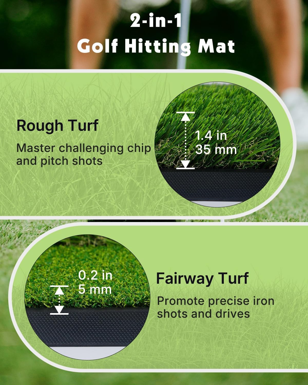 2 in 1 Golf Hitting Mat Practice Turf Non Slip Base 44cm