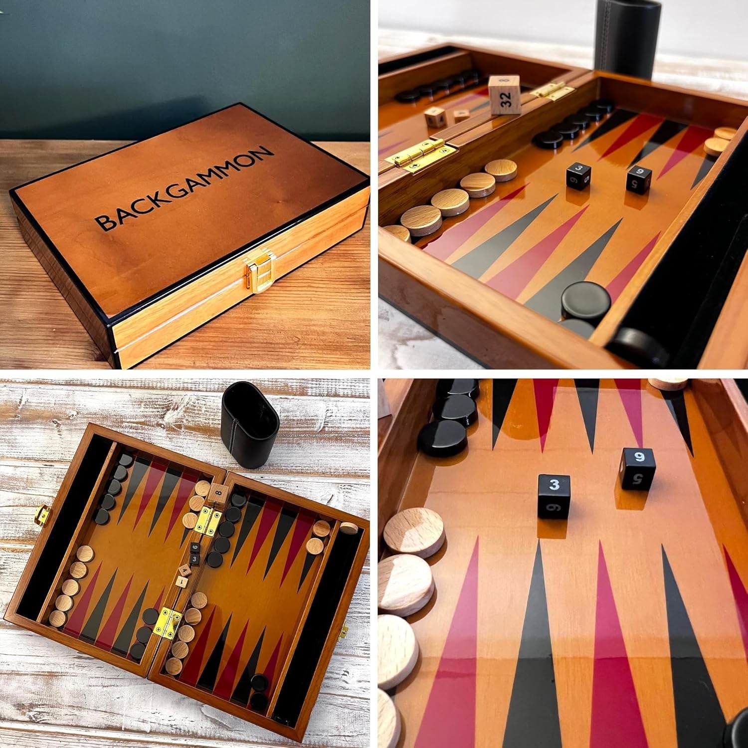 Deluxe Wooden Backgammon Set 30cm Lacquered Board with Leather Dice Cup