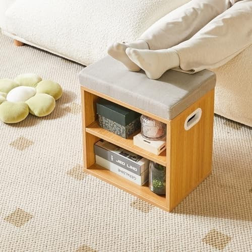 Natural 2 Tier Shoe Bench with Cushion Adjustable Storage Rack for Entryway