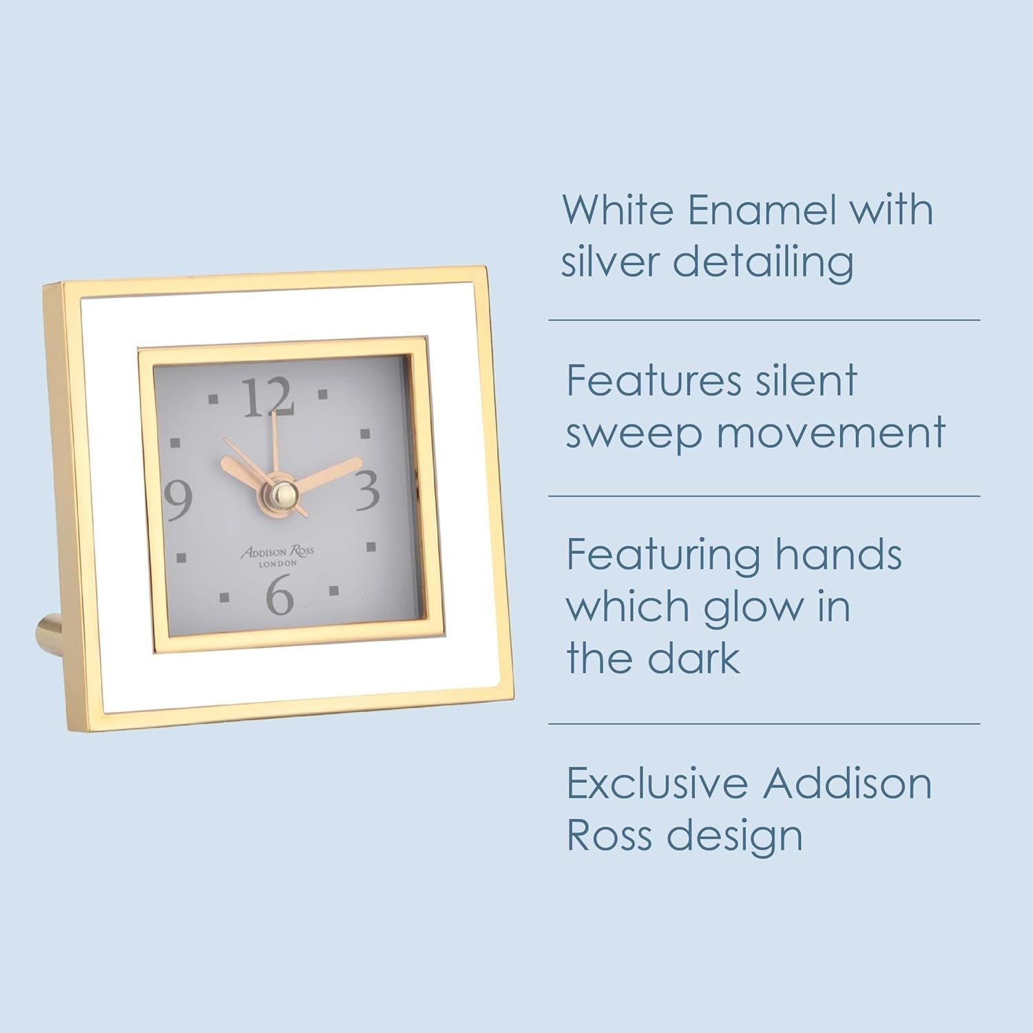 Silent Square Bedside Alarm Clock White Gold Luxury Compact No Ticking