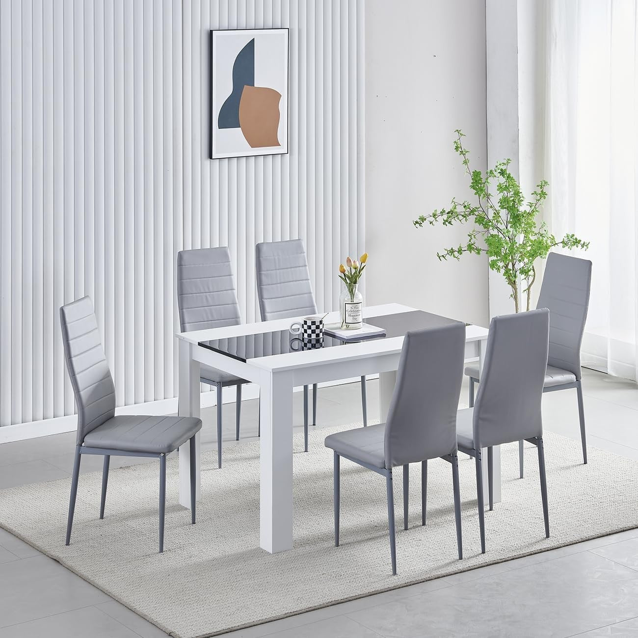 White 4-Seater Dining Table Set with Grey Leather Chairs | Space-Saving