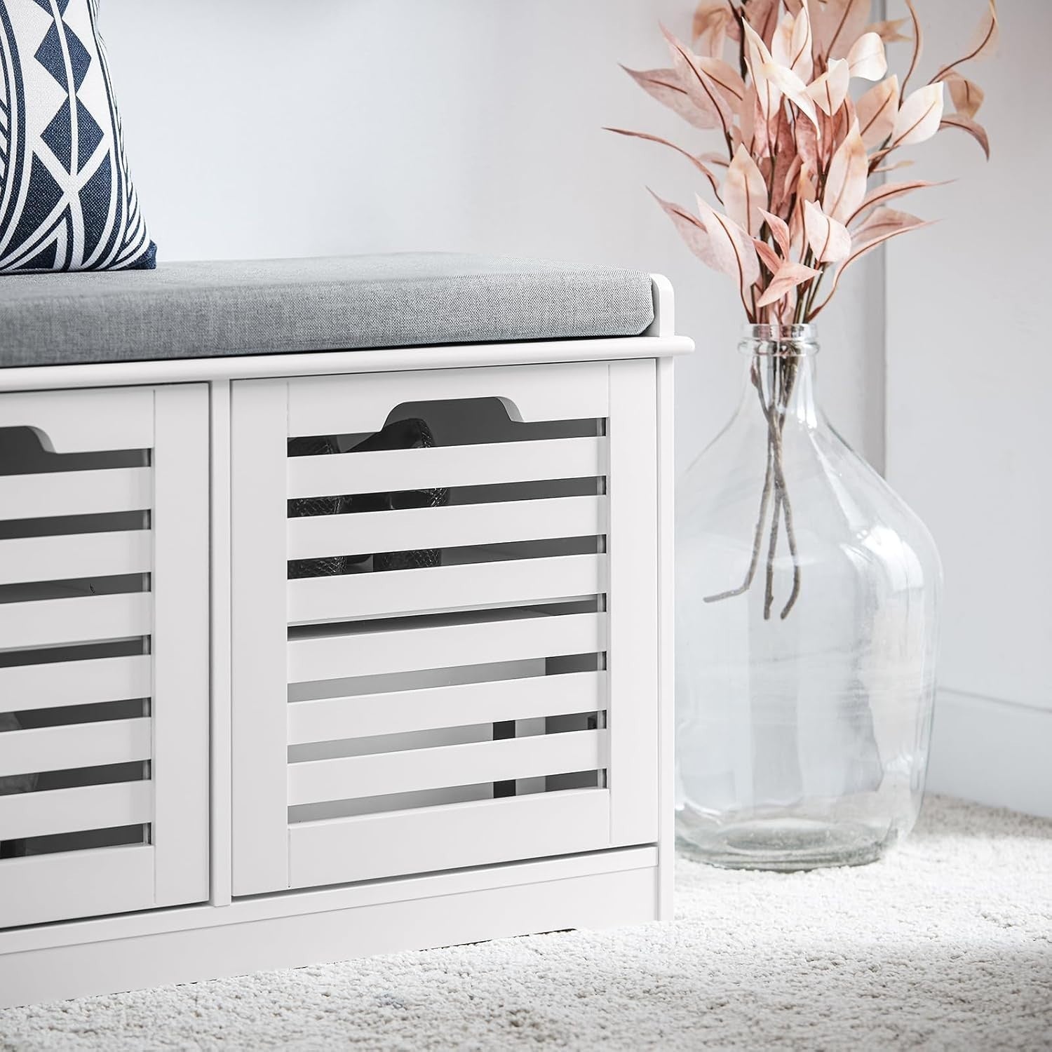 White Shoe Storage Bench with Cushion | 2 Door Hallway Seat Cabinet Unit
