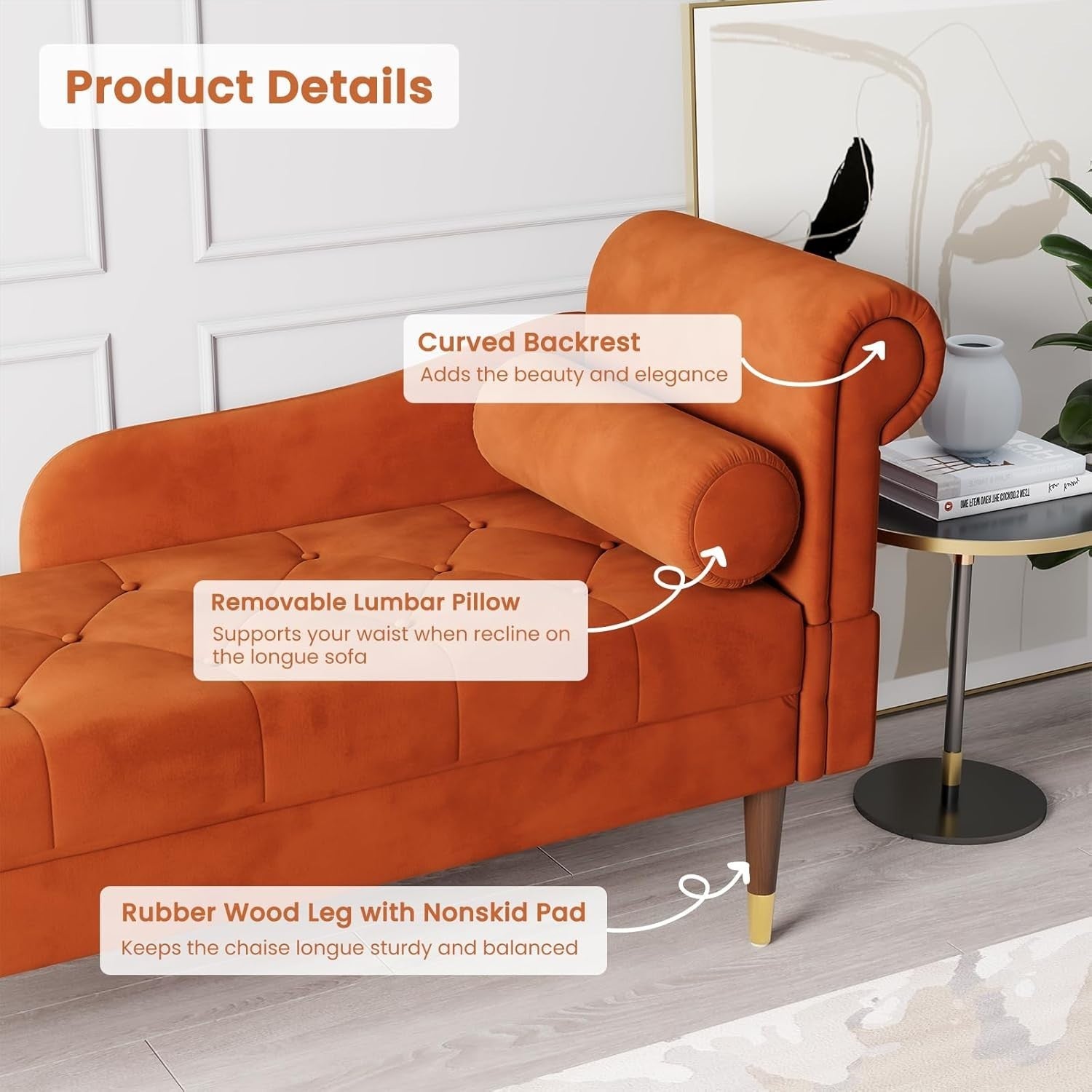 Right Armrest Velvet Chaise Lounge Orange with Lumbar Pillow & Tool-Free