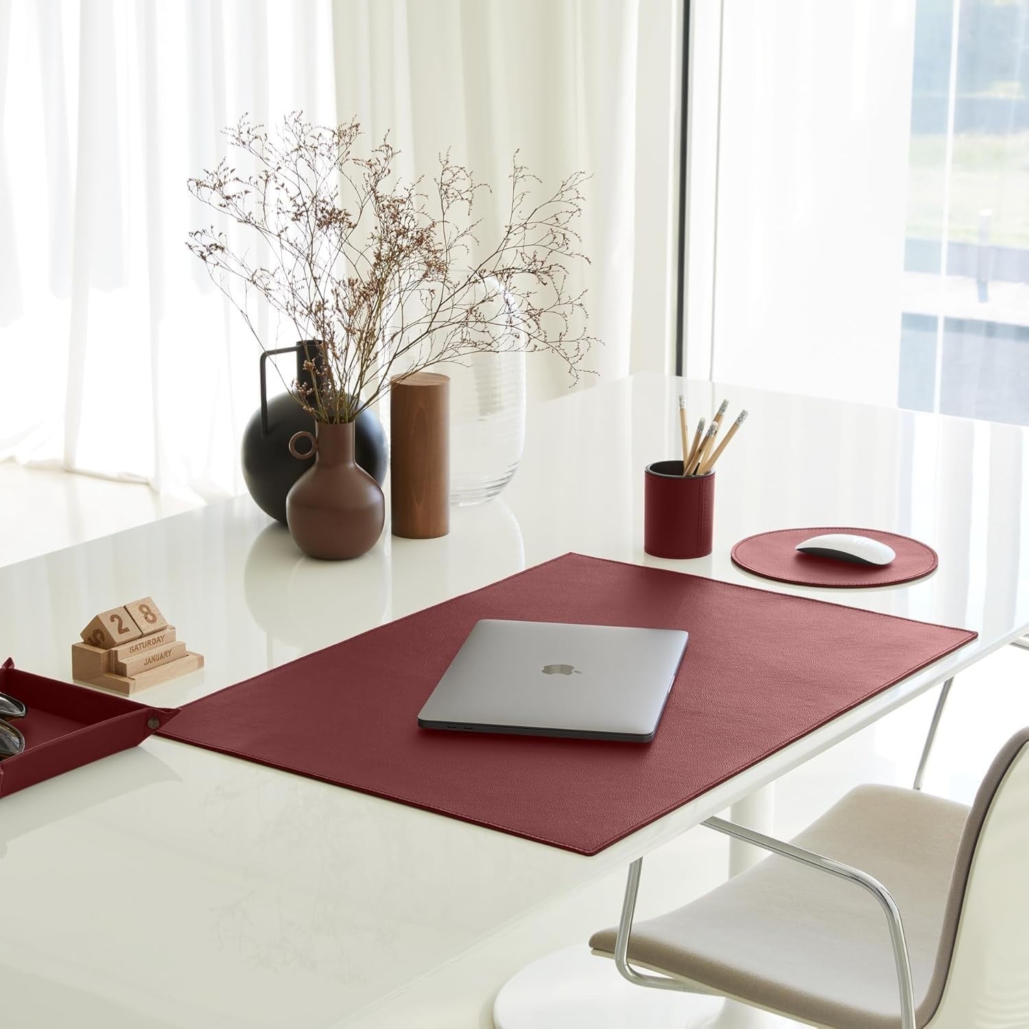 Leather Valet Tray Burgundy Red – Desk Organiser for Keys, Coins & Jewellery