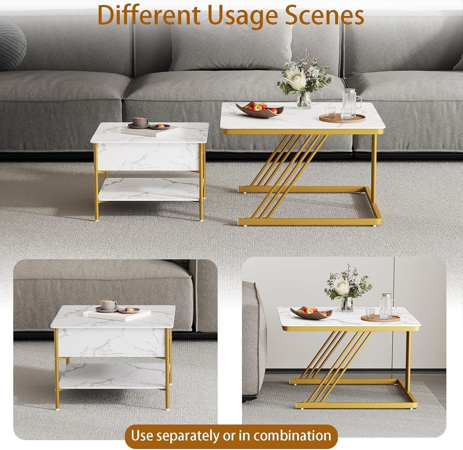Nesting Coffee Table Set 2 Square Lift Top Storage Gold White Living Room