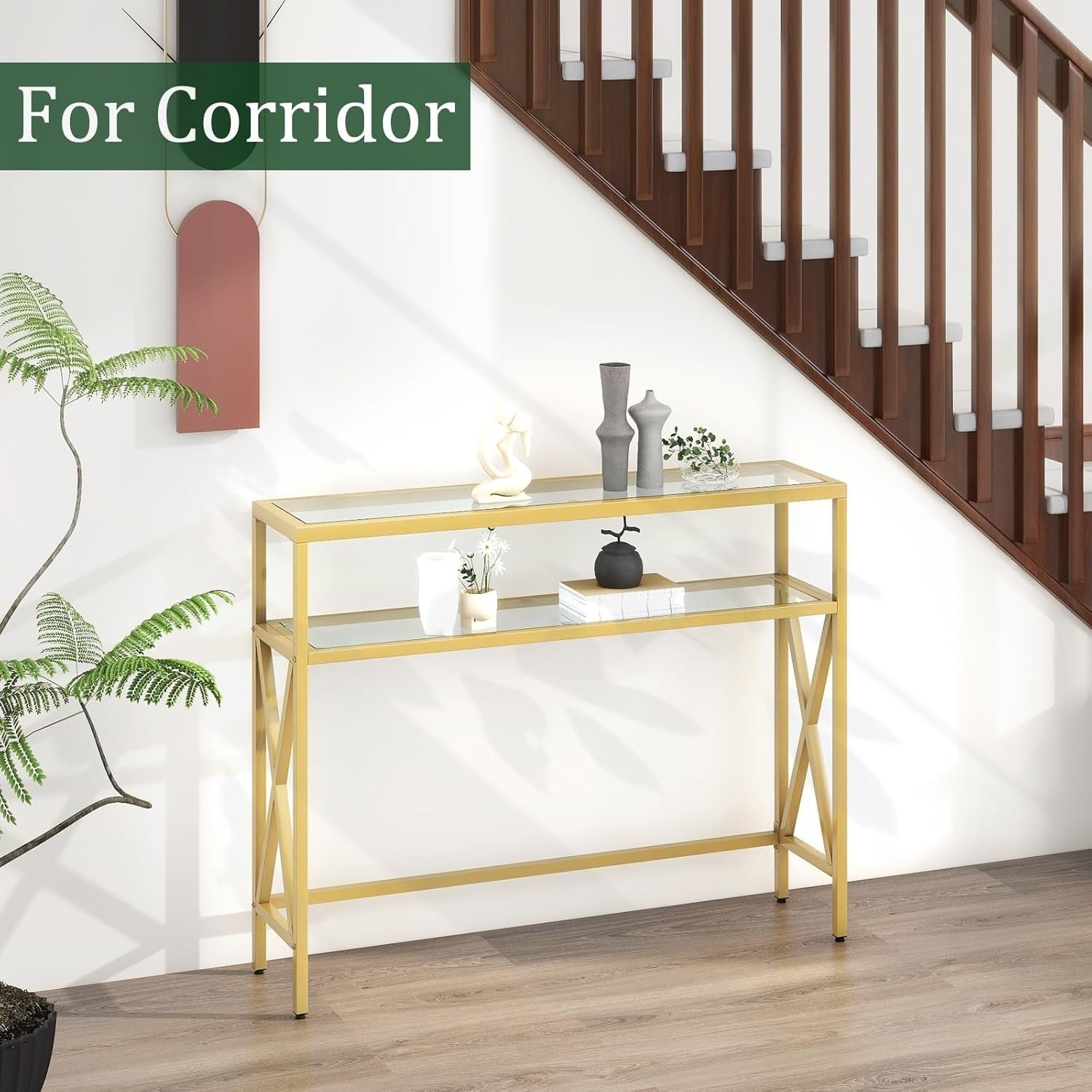 Tempered Glass Console Table with Adjustable Feet & Metal Frame, Gold