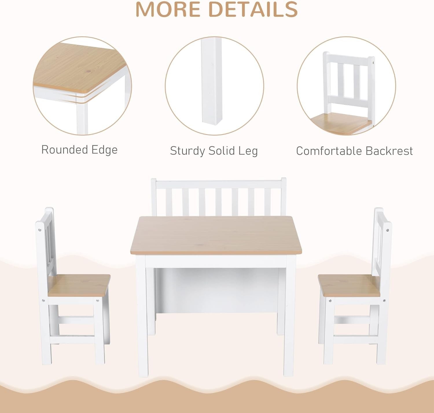 Kids 4-Piece Table & Chair Set with Storage Bench, Safe & Modern Design
