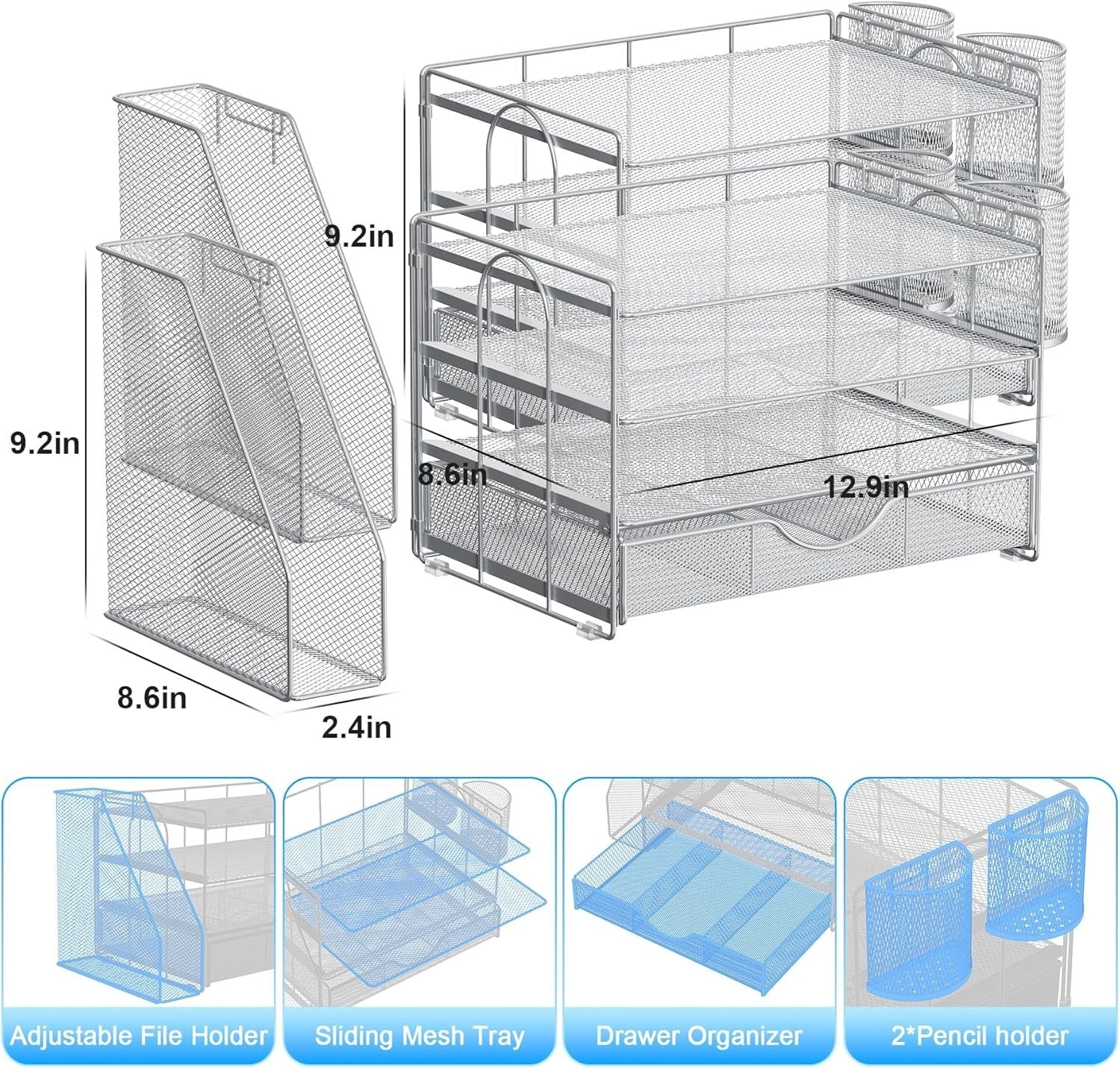 4-Tier Desk Organizer Metal File Holder Drawer Pen Storage Grey