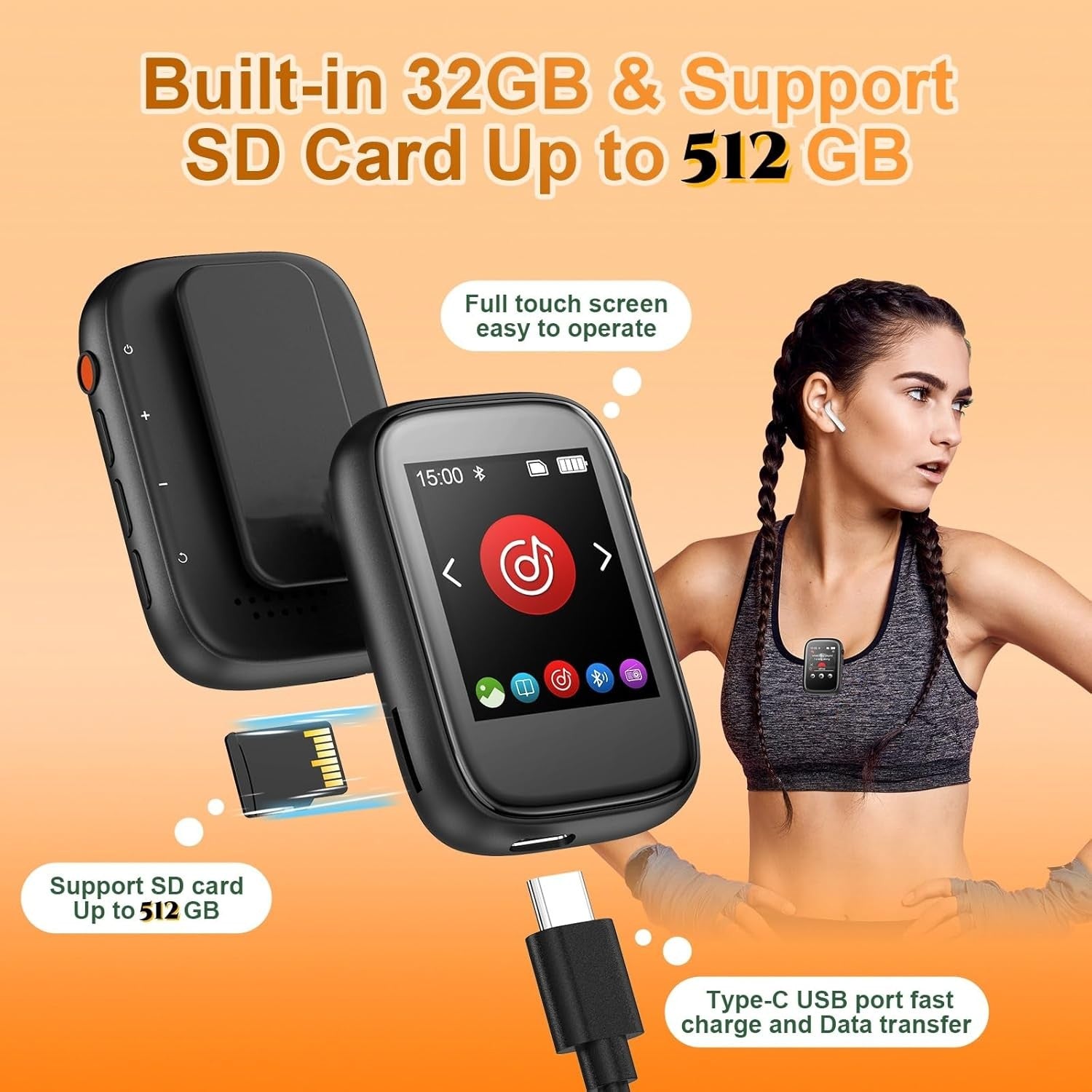 Kids MP3 Player Bluetooth 5.3 Touch Screen 512GB Black