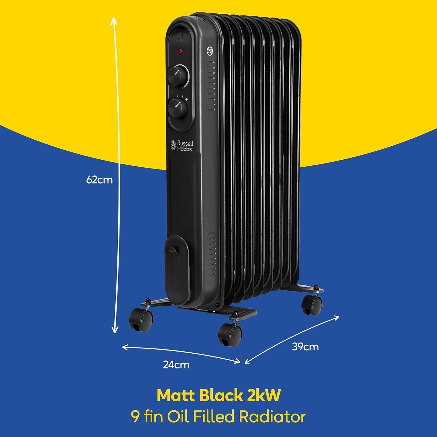 2000W 9-Fin Oil Filled Portable Radiator Heater Black with Thermostat