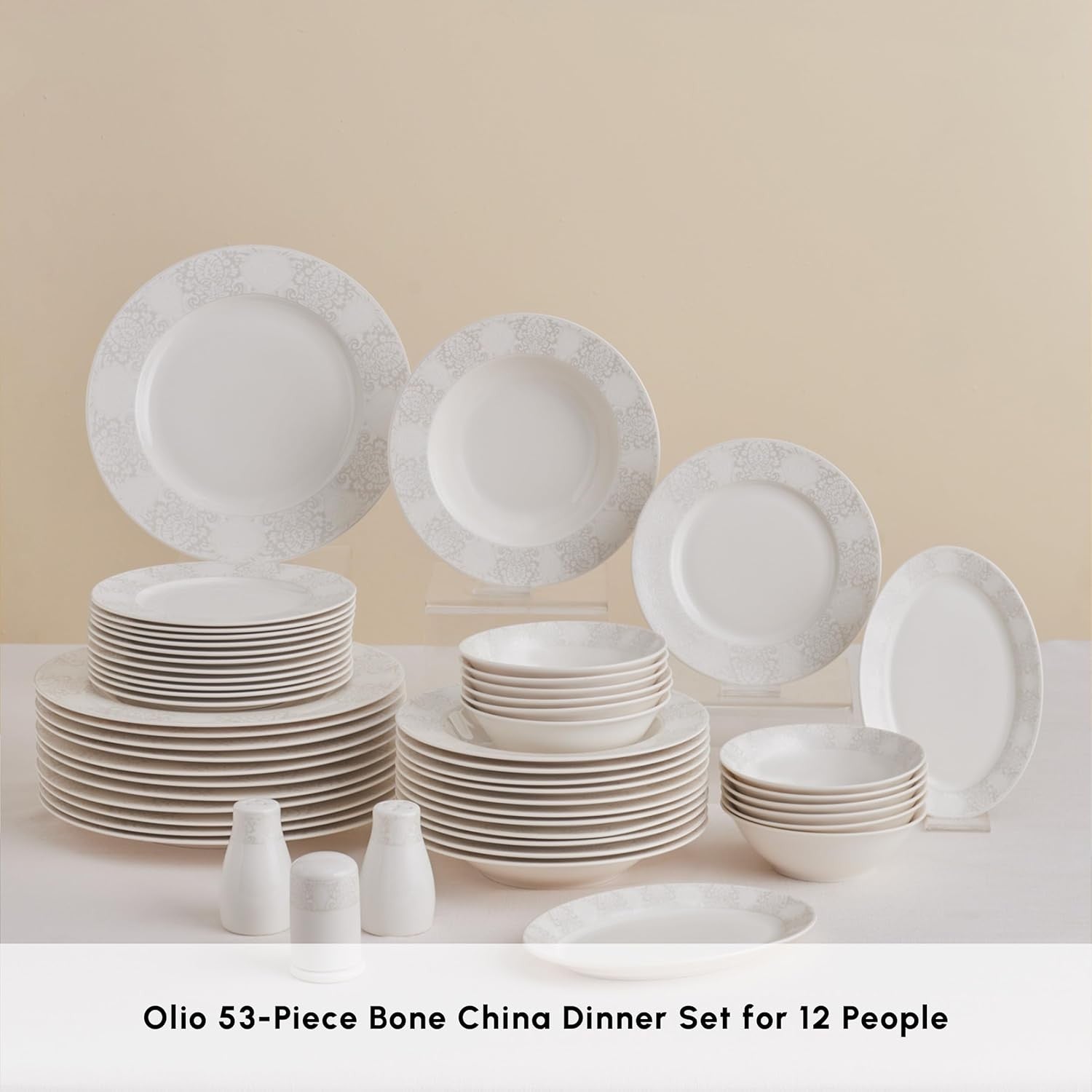 53pc Bone China Dinner Set for 12 White Plates Bowls Elegant Tableware