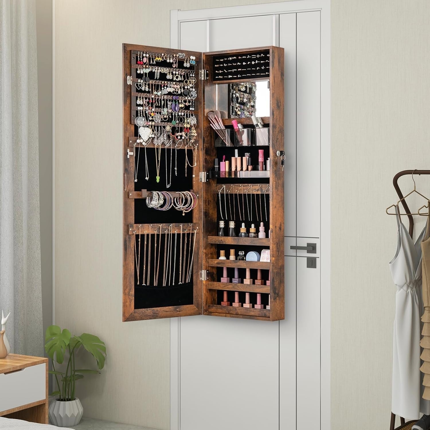 Rustic Brown Wall Door Jewelry Armoire Lockable Full Length Mirror