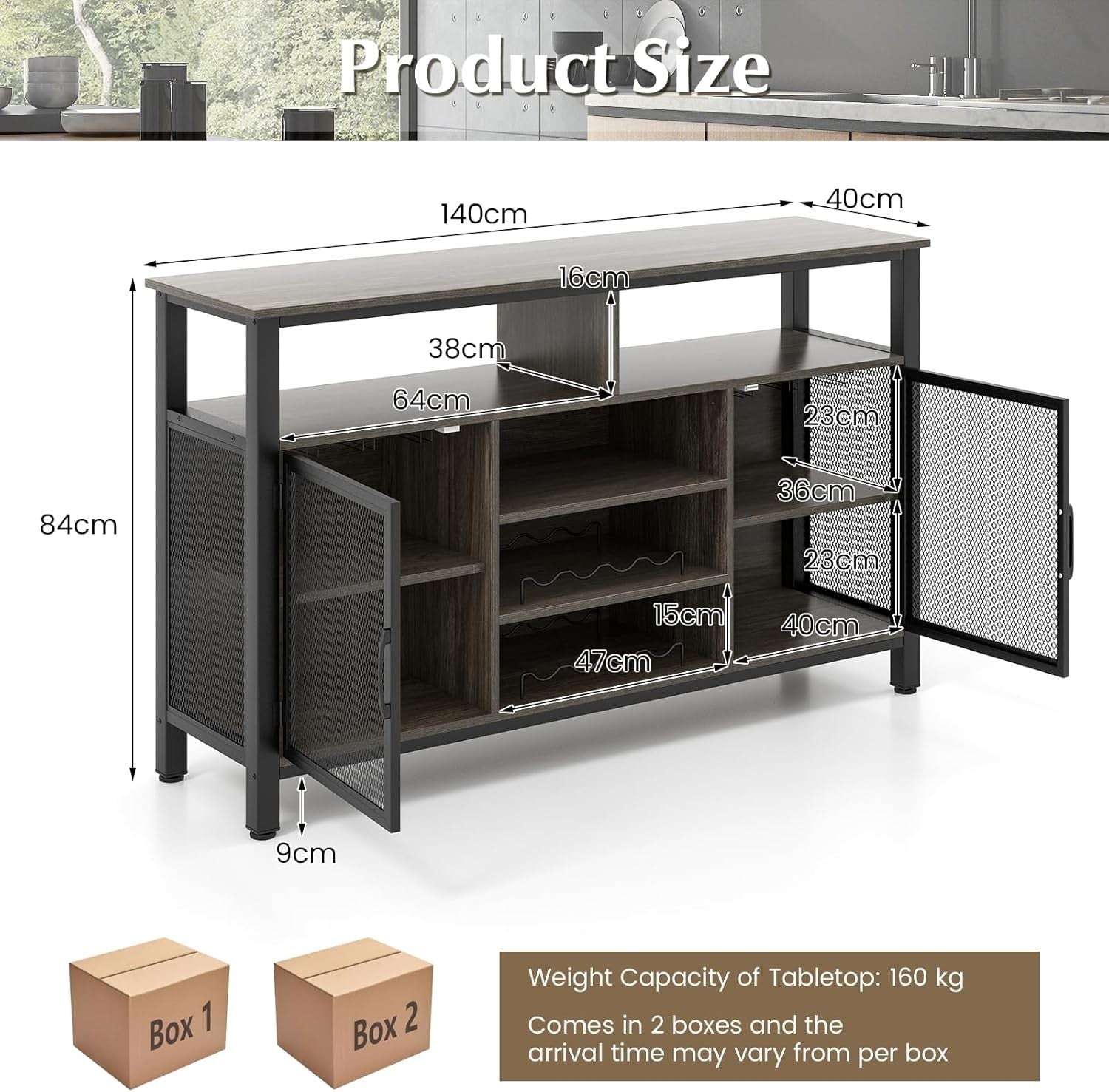 Industrial Sideboard Cabinet with Wine Racks Glass Holder Mesh Doors Gray Black