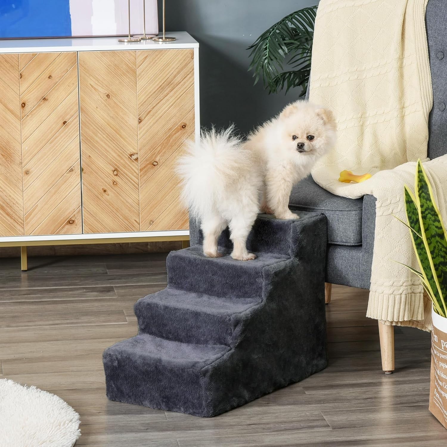 4 Step Dog Stairs Foam Ramp Non Slip Dark Grey 63x43x60cm