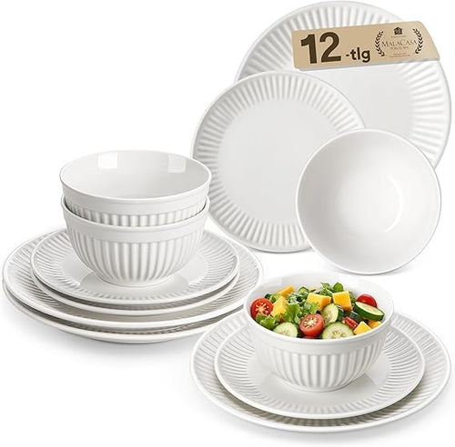 12 Piece White Porcelain Dinner Set for 4 Embossed Plates Bowls Set