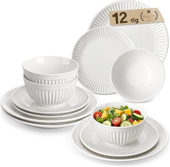 12 Piece White Porcelain Dinner Set for 4 Embossed Plates Bowls Set