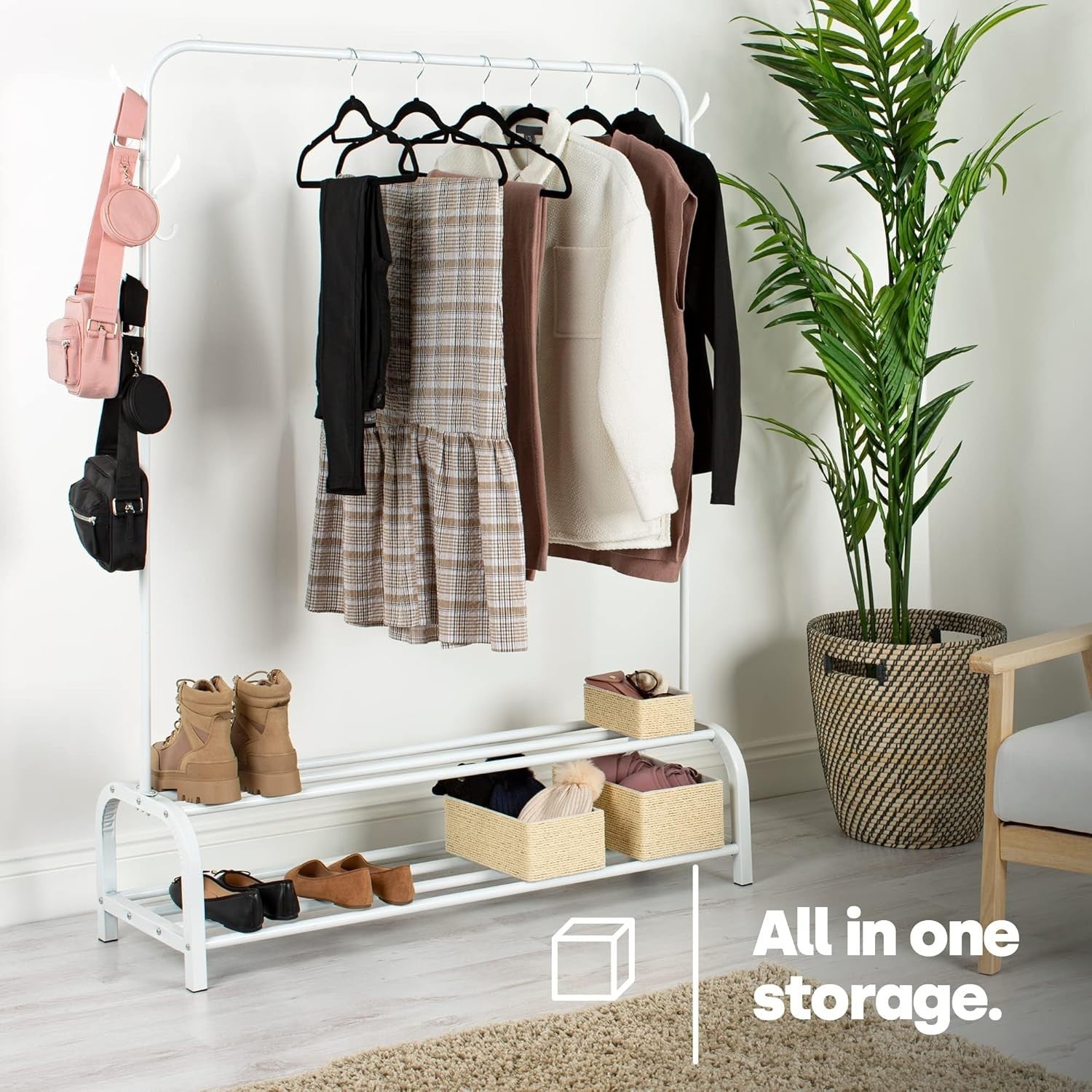 Heavy Duty Clothes Rail with 2-Tier Shoe Shelf & Hooks – White 150cm