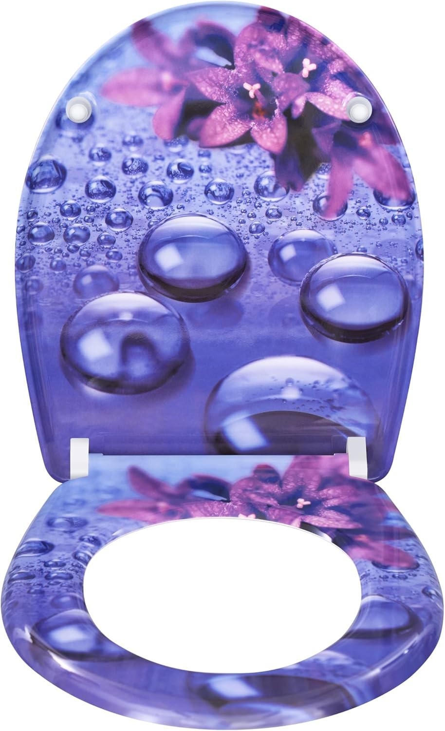 Soft Close O-Shaped Toilet Seat Quick Release Duroplast Violet Raindrops Print