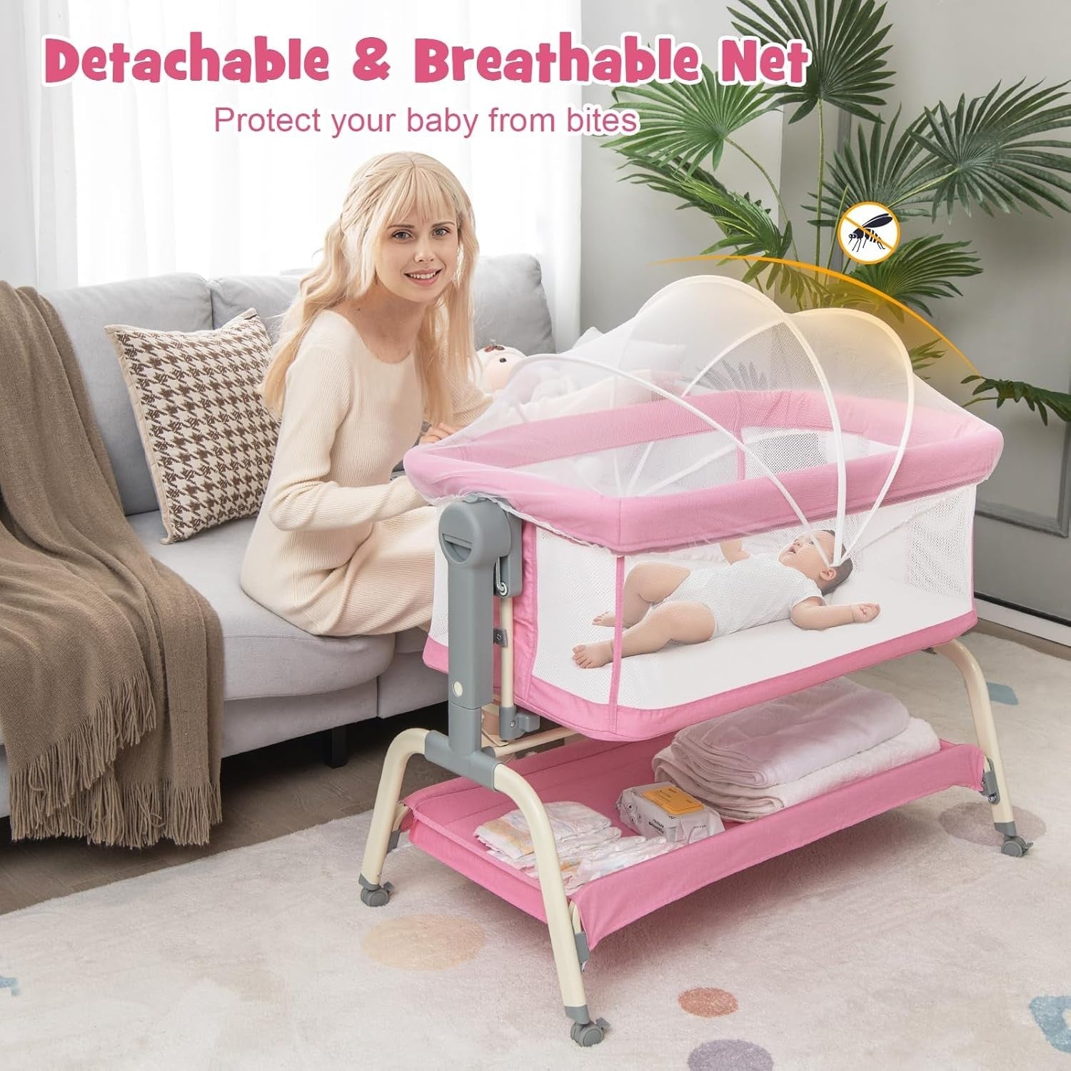 4in1 Baby Bedside Crib Adjustable Rocking Bassinet with Mattress & Storage Pink