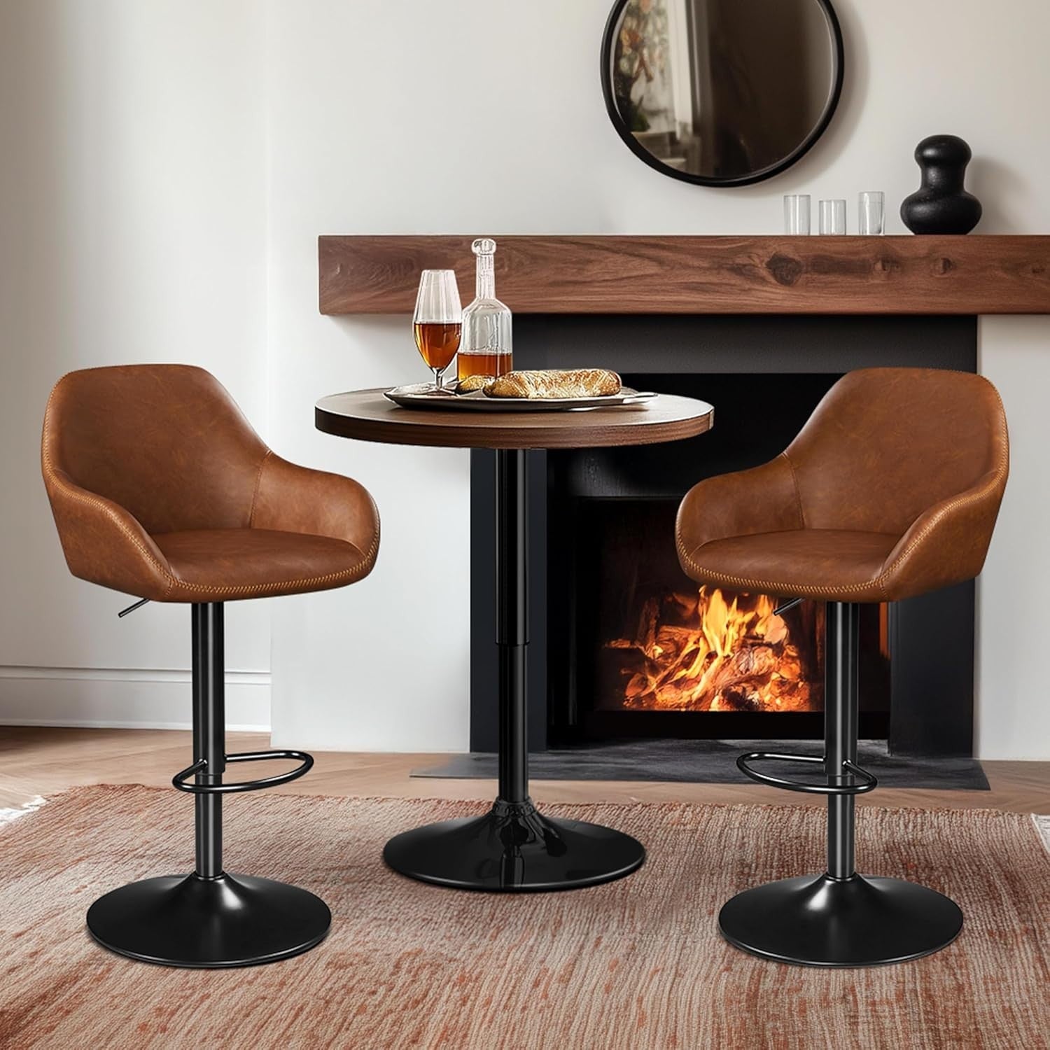 Height Adjustable Swivel Bar Stools Set of 2 PU Leather Vintage Brown