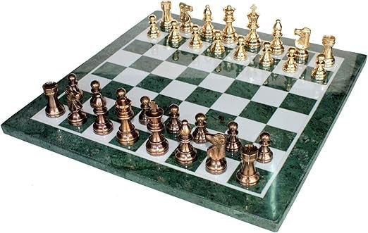 Luxury 20" Green Marble Chess Set – Large Inlaid Board + Brass Crafted Pieces
