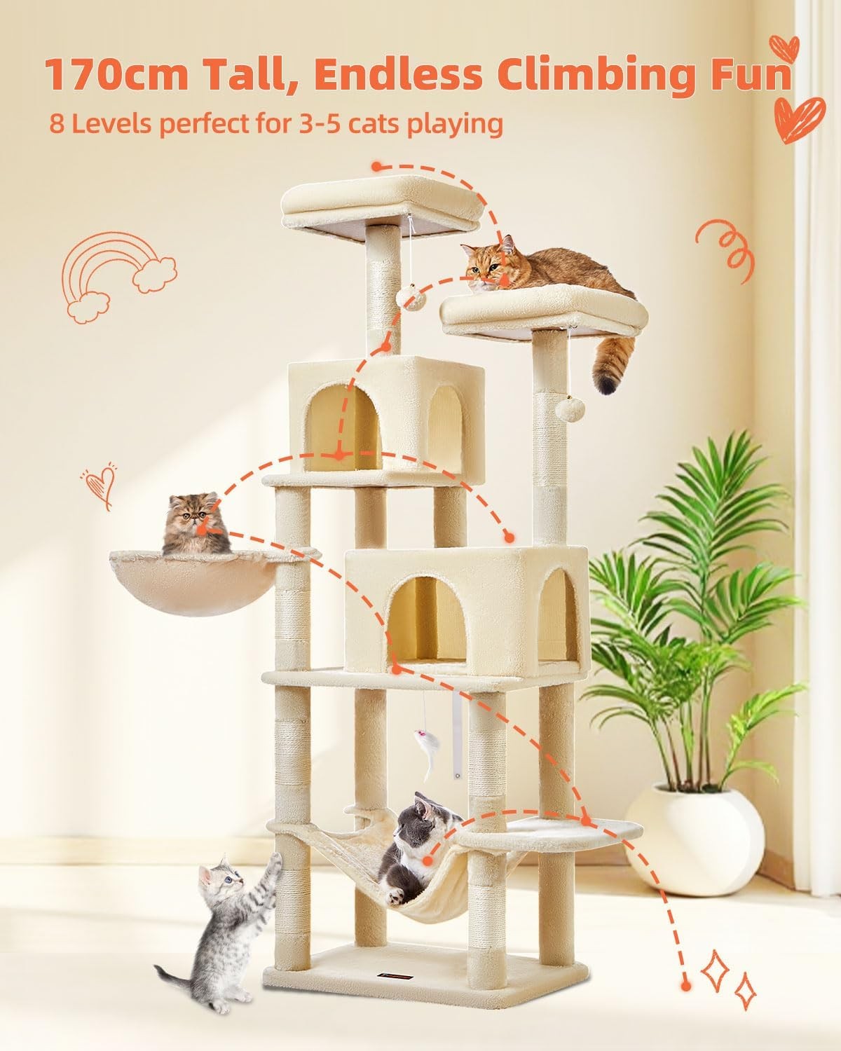 Large Cat Tree Tower 170cm Multi-Level Scratching Posts Condos Hammock