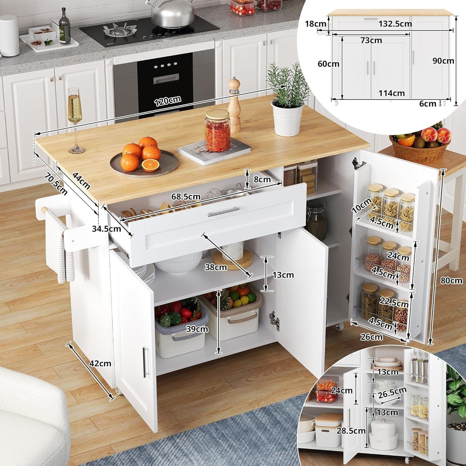 Large Mobile Kitchen Island Cart with Foldable Oak Countertop & Storage