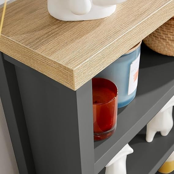Modern Low Bookcase Unit with 3 Shelves – Oak Effect & Dark Grey Storage