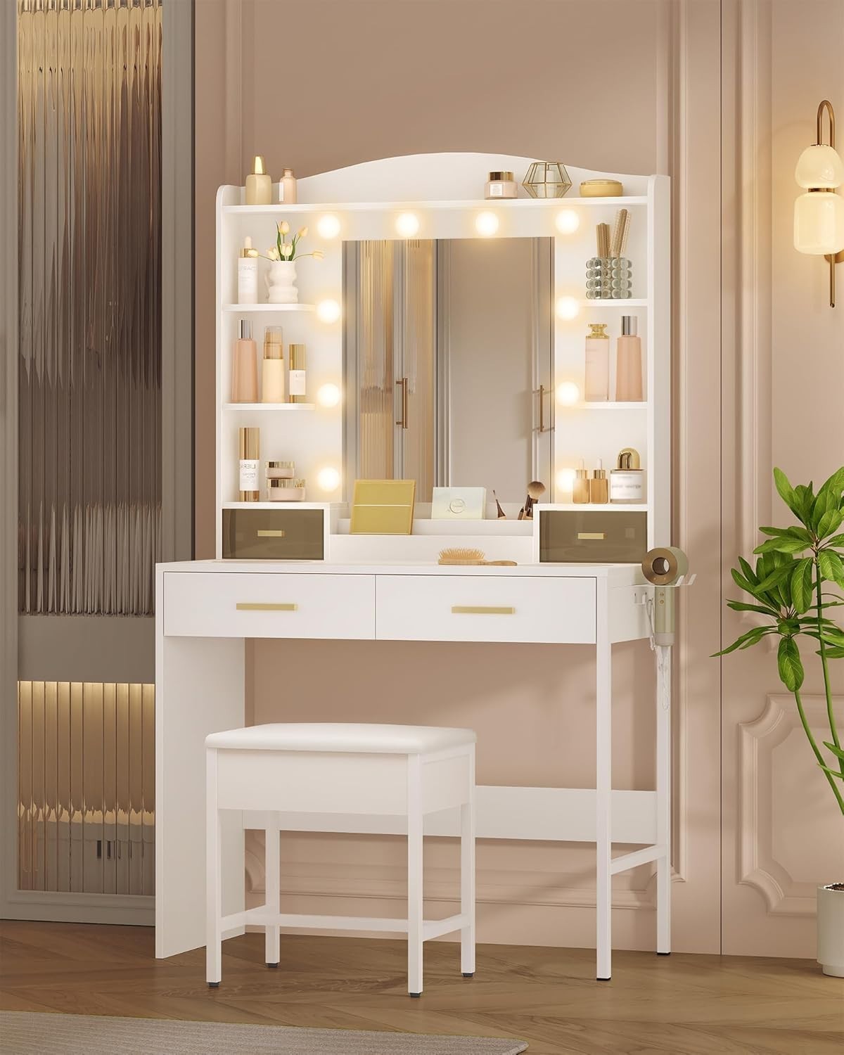 Vanity Makeup Dressing Table Set w/ Lighted Mirror, 4 Drawers, Modern White
