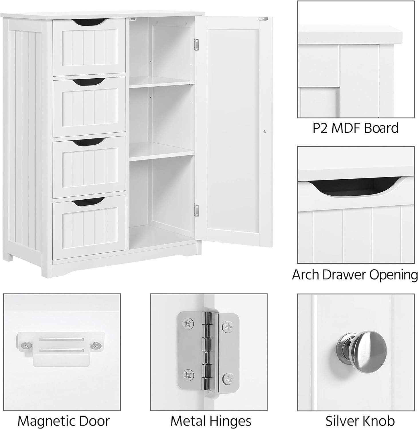 Tall White Bathroom Cabinet 4 Drawer Wooden Storage Cupboard Organizer