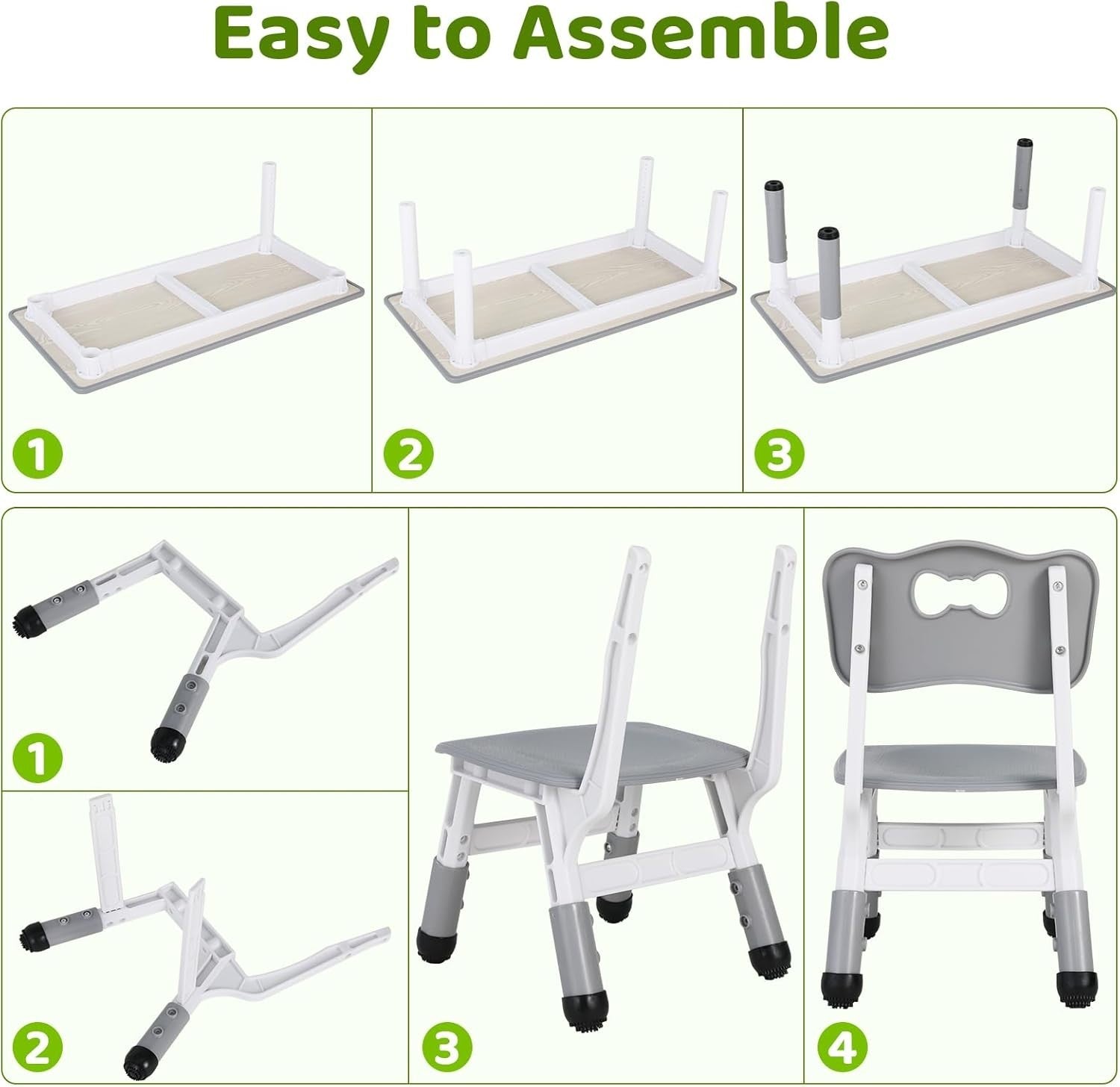 Adjustable Kids Table & 4 Chairs Set Durable Plastic Furniture Grey