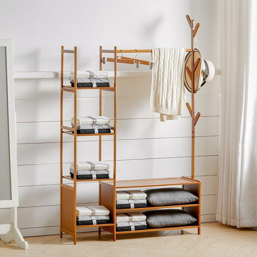 Bamboo Clothes Rail with 6 Shelves & Hooks, 100cm Wardrobe