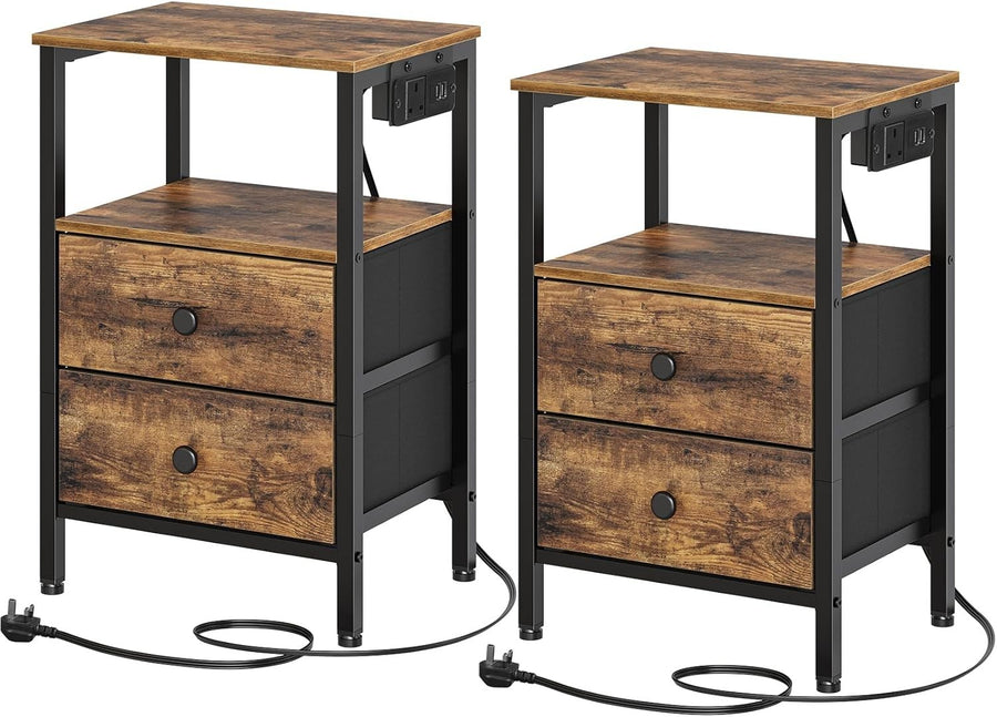 Set of 2 Rustic Bedside Tables with USB Charging Station 2 Drawers & Shelves