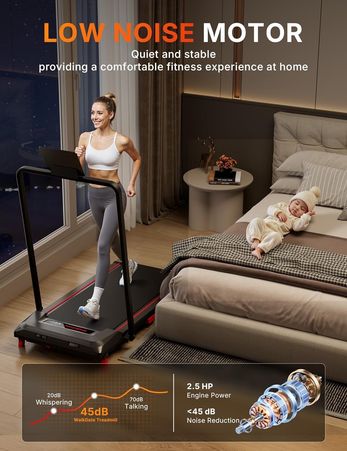 Compact Under Desk Treadmill 330lbs Capacity Low Noise LED Display Home Office