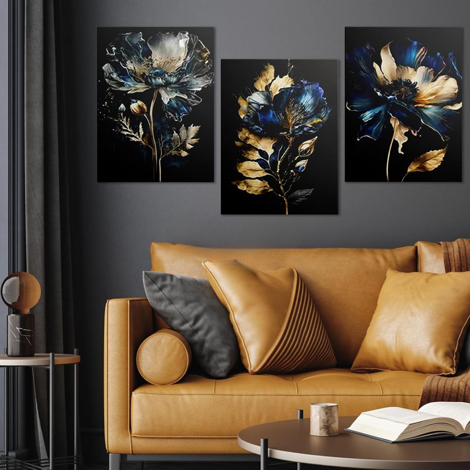 Blue Gold Floral Wall Art Set of 3 Framed Canvas 12x16in