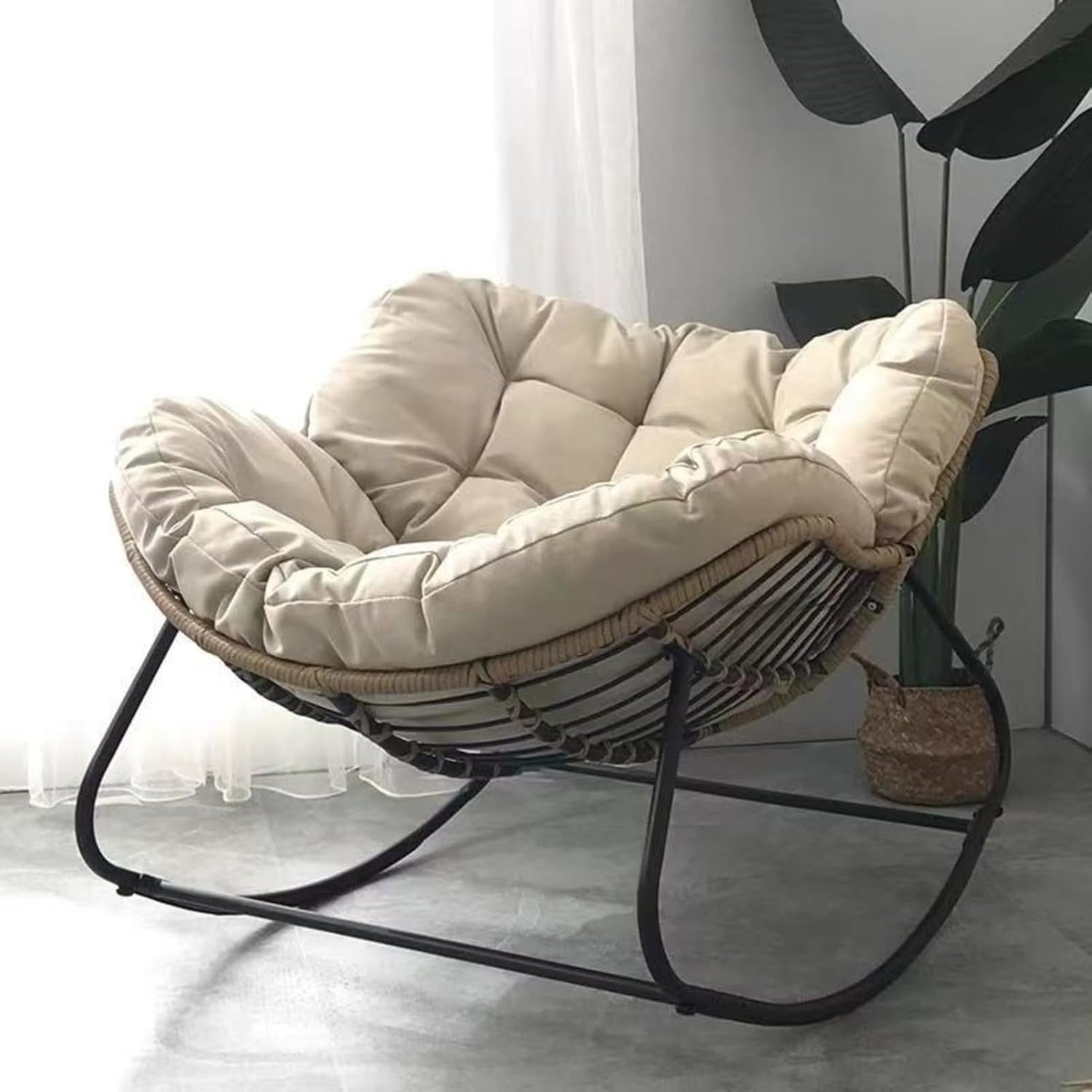 Oversized Papasan Rocking Chair Cushioned Rattan Lounge Indoor Outdoor Patio
