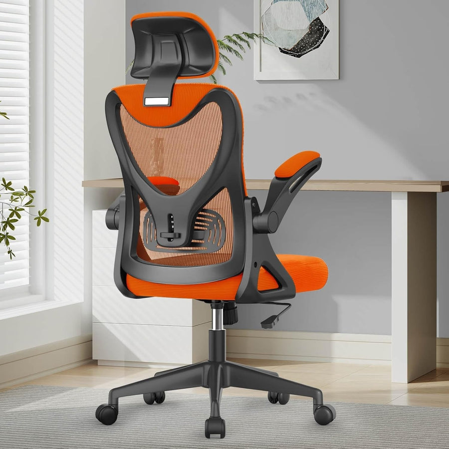 Ergonomic Office Chair High Back Mesh Flip Armrest Adjustable Lumbar Orange