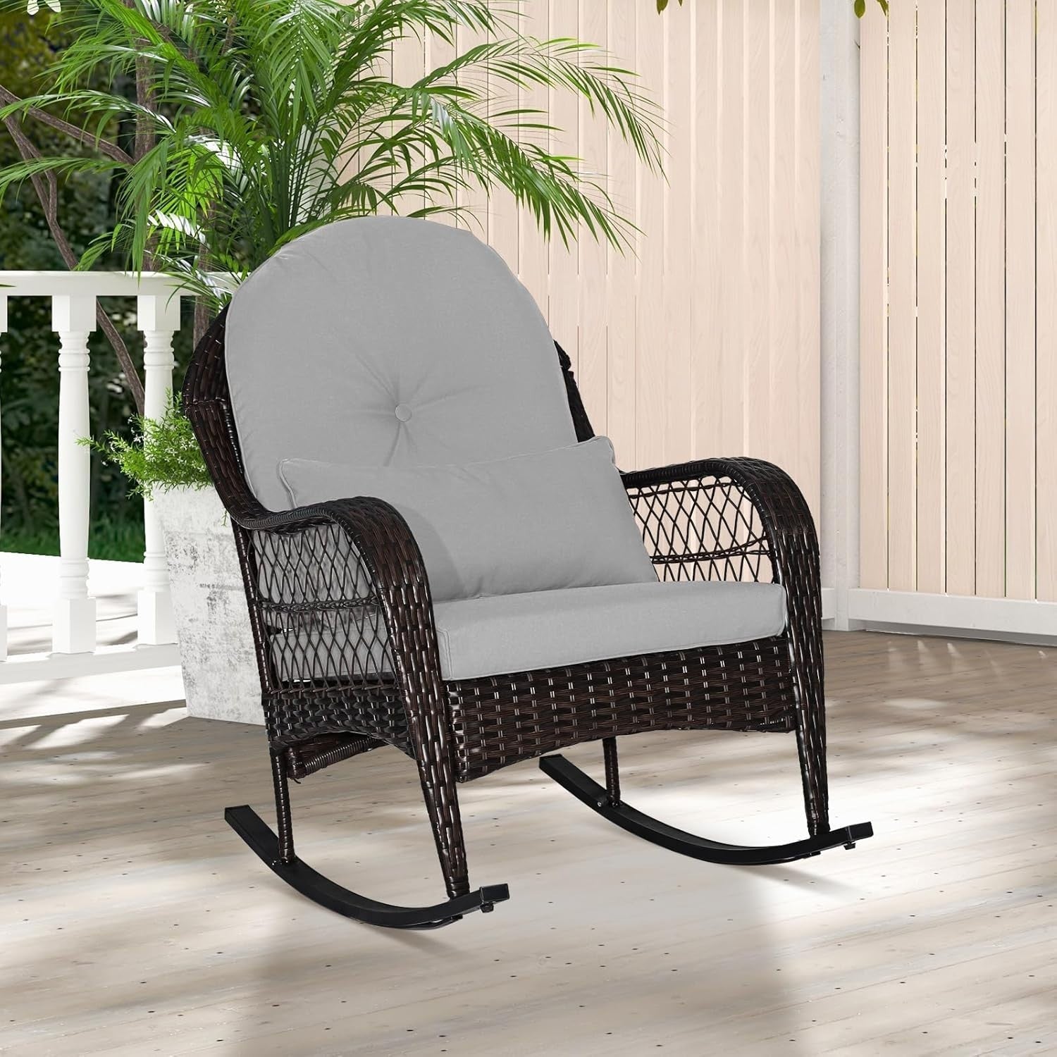 Garden Rattan Rocking Chair Grey Cushioned Outdoor Patio Armchair