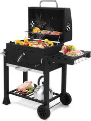 Portable Charcoal BBQ Grill with Folding Side Table, Height Adjustable Tray