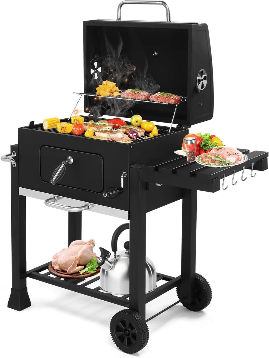 Portable Charcoal BBQ Grill with Folding Side Table, Height Adjustable Tray