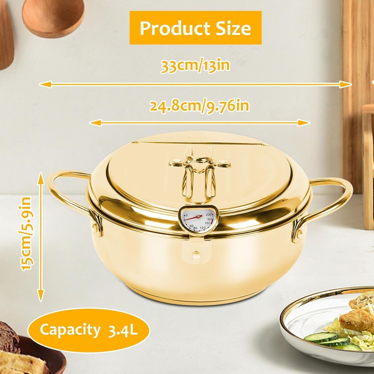 24cm Stainless Steel Deep Fryer Pot w Thermometer Oil Drip Lid Gold