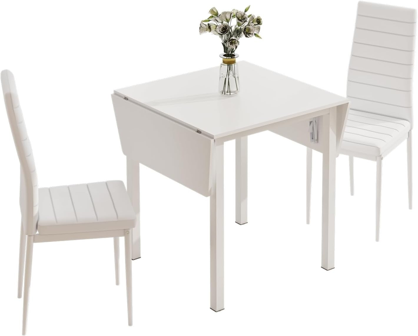 Space-Saving Drop Leaf White Dining Table & 2 High-Back Grey PU Leather Chairs