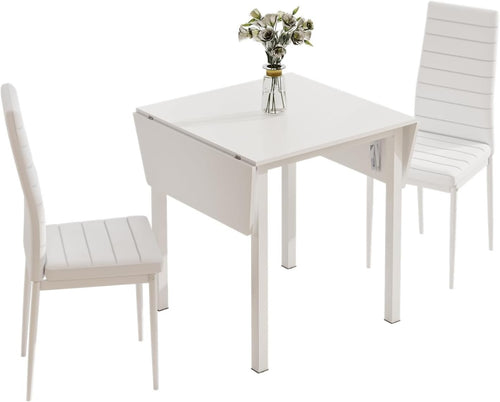 Space-Saving Drop Leaf White Dining Table & 2 High-Back Grey PU Leather Chairs