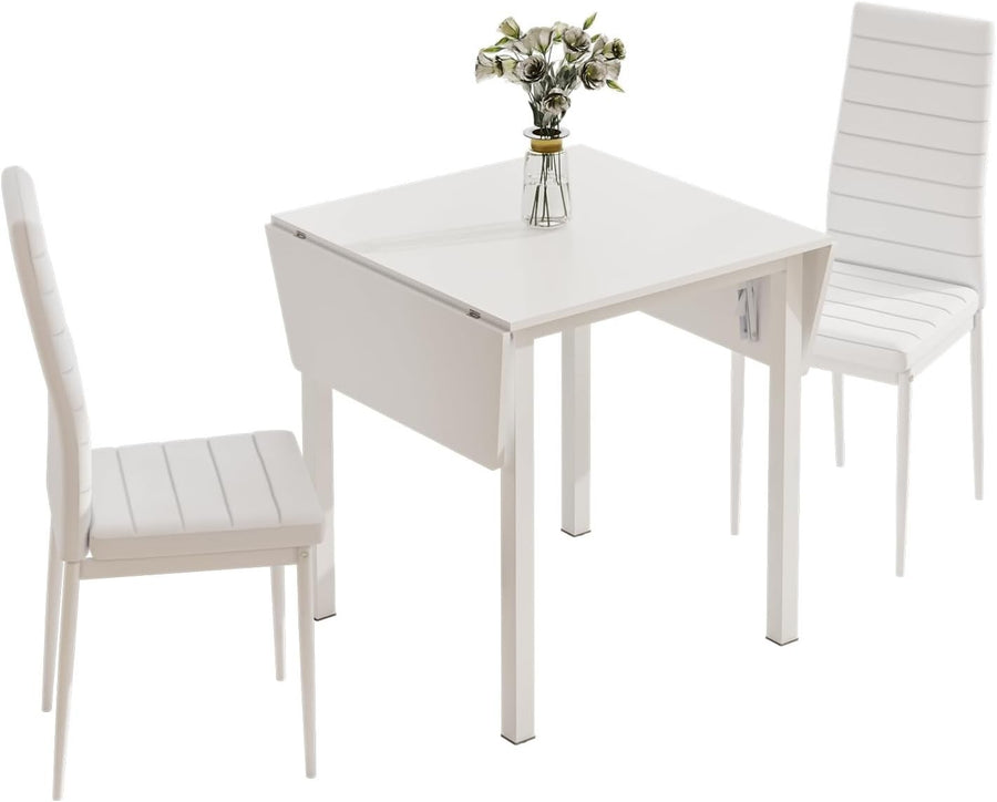 Space-Saving Drop Leaf White Dining Table & 2 High-Back Grey PU Leather Chairs