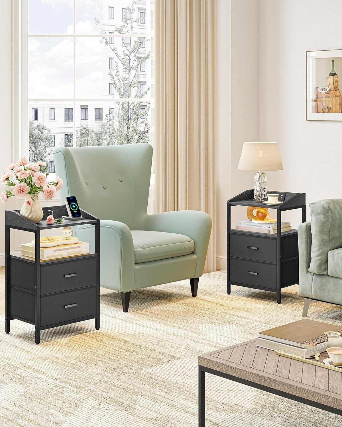 Black Bedside Table with USB Type-C Charging Ports & 2 Drawers